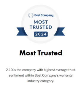 a badge that says "Best Company Most Trusted 2024. Most Trusted. 2-10 is the company with the highest average trust sentiment within the Best Company warranty industry category.